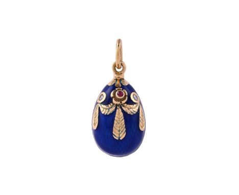 
	
		VICTOR MAYER FOR FABERGE, AN 18 CARAT GOLD, RUBY AND DIAMOND EGG PENDANT 
		LONDON 1994 IMPORT MARK 
		The blue enamelle