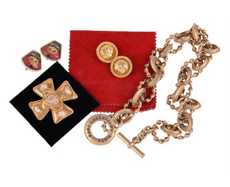 
	
		A SMALL COLLECTION OF DESIGNER COSTUME JEWELLERY
		To include a pair of Hermès ear clips, the shaped panels with polychr