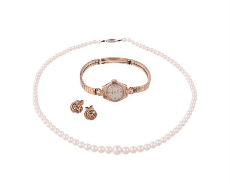 
	
		A CULTURED PEARL NECKLACE, A PAIR OF ROPE TWIST KNOT EAR STUDS AND A 9 CARAT GOLD WRIST WATCH 
		The graduated cultured 