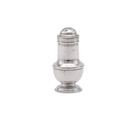 
	
		A GEORGE II SILVER PEPPERETTE
		SAMUEL WOOD, LONDON 1744
		With a pierced domed cover and on a circular moulded spreadin