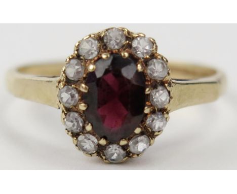 9ct Gold, Garnet and White Stone Cluster Ring, 11x9mm head, size Q, 2.5g 