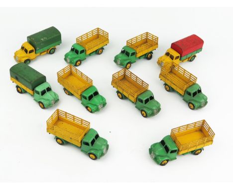 Ten Dinky Toys Dodge Wagons - three non-tipping covered wagons (different variations) and seven 30N Farm Produce Wagons in li