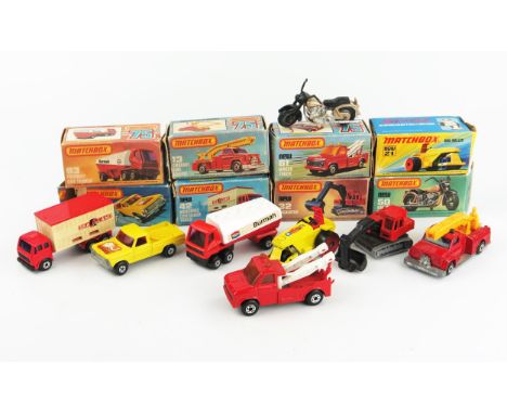 Matchbox Superfast Group - including 13 Snorkel, 21 Rod Roller, 32 Excavator, 42 Mercedes Container Truck, 50 Harley Davidson