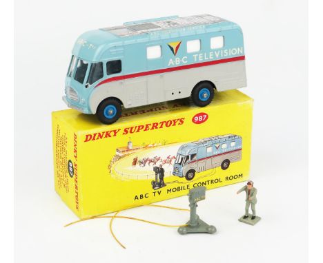 A Dinky Supertoys 987 ABC TV Mobile Control Room in blue and grey with red stripe, mid blue hubs, grey camera man and camera,