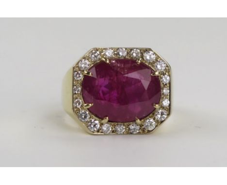 Ruby and Diamond Ring in an unmarked high carat gold setting, central stone c. 14.7x11.8mm, size p. 15.8g