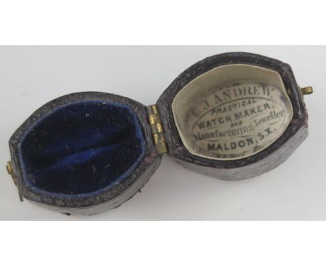 Early 19th Century Leather Ring Box with blue plush and silk lining and retailer C.J. Andrew of Maldon 