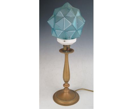 Brass Table Lamp Base with blue glass shade, 50cm high 