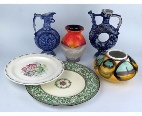 Poole Pottery Vase (7" wide), Susie Cooper and Wedgwood plates, two German Westerwald moon flasks (one A/F) and vase 