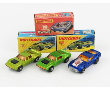 Matchbox Superfast Muscle Car trio - all have unpainted bases (1) 9b AMX Javelin lime green, yellow interior, 5 spoke wheels,