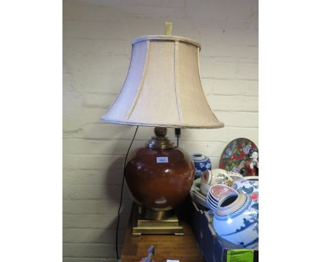 Ceramic Table Lamp with brushed brass mounts and silk shade, 78cm high 