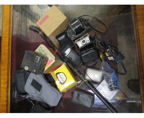 Canon AV-1 35mm SLR Camera, other cameras, WWII civilian gas mask, Japanese cane, etc.