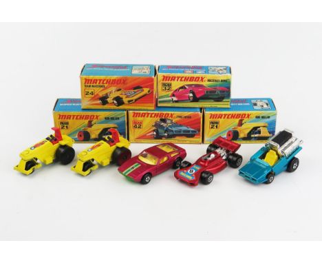 Matchbox Superfast I type box group - (1,2) 21b Rod Roller wheel variants, (3) 24b Team Matchbox in metallic red, (4) 32b Mas