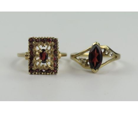 9ct Gold and Garnet Ring (rectangular head 13x11mm, size K.5, 4g) and 9ct gold marquise cut garnet and diamond ring (size M.5