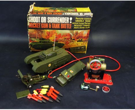 A Tri-ang Minic M310 Shoot or Surrender Rocket Gun &amp; Tank Battle Remote Control Command Set (box missing all end flaps to