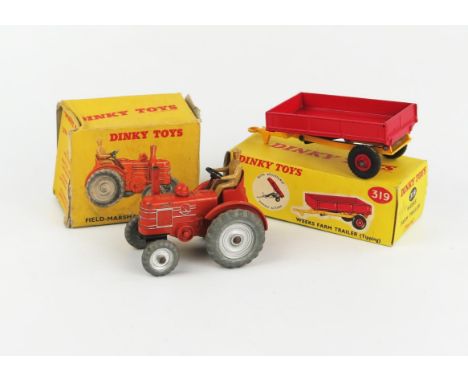 Two Dinky Toys Farm Vehicles - 27N/301 Field Marshall Tractor in burnt orange body and exhaust, silver cast wheels, tan drive