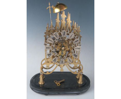 Twin Fusee Skeleton Clock with silvered dial, 50 cm glass dome, running 