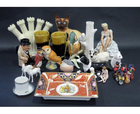 Goebel Kingfisher, Sylvac cat, Royal Doulton character jug, Beswick sheep, owl and kitten, Royal Copenhagen robin, etc. 