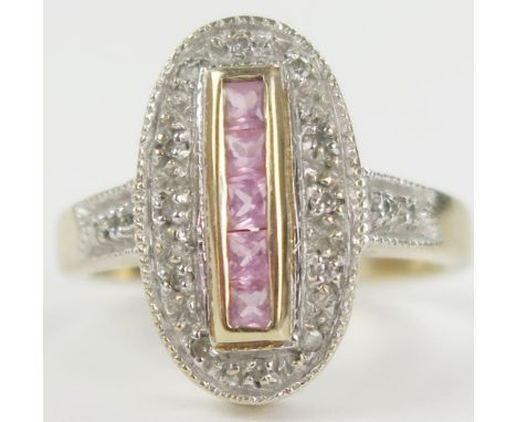 9ct Gold, Pink Sapphire and Diamond Dress Ring, 17x10mm head, size I.5, 3.3g 