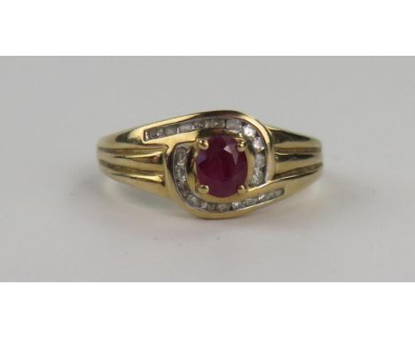 9ct Gold, Ruby and Diamond Ring, 9.5mm head, size O, 3.3g 