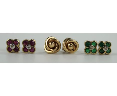 Pair of 9ct Gold, Emerald and Diamond Stud Earrings, matching 9ct gold ruby and diamond earrings and 9ct gold studs, 2.4g 