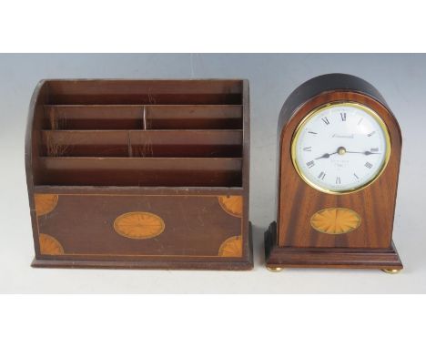 Harwoods of Dunster Marquetry Inlaid Clock (20cm high, running) and a stationary organiser 