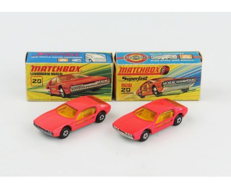 Matchbox Superfast 20a Lamborghini Marzal pair - one medium, one dark salmon pink with amber windows, wide 5 spoke wheels, H 