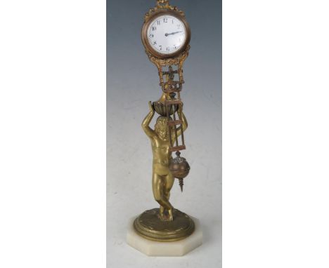Antique Gilt Bronze Figural Mystery Clock, raised on a putto, 32.5cm high, running 