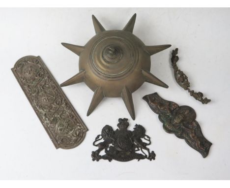 Antique Brass Alloy Pendant Light Ceiling Boss in the form of an eight point star, 28cm diam., antique door finger plate, etc