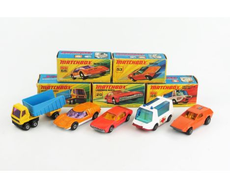 Matchbox Superfast I type boxed group - 20a Lamborghini Marzal, 46b Stretcha Fetcha, 50b Articulated Truck, 53b Tanzara, 66b 