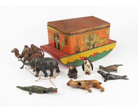 Tinplate "Mr Noah . The ARK" Confectionary Container (22.5cm) with some lead animals including Britains and Johillco 
