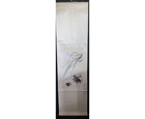 Chinese Signed Scroll Painting of Frogs with a silk surround, 169x46cm 
