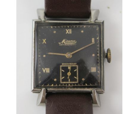 Gent's Minerva Wristwatch, the 26mm Acier Inoxydable case with 16 jewel manual wind movement. Running
