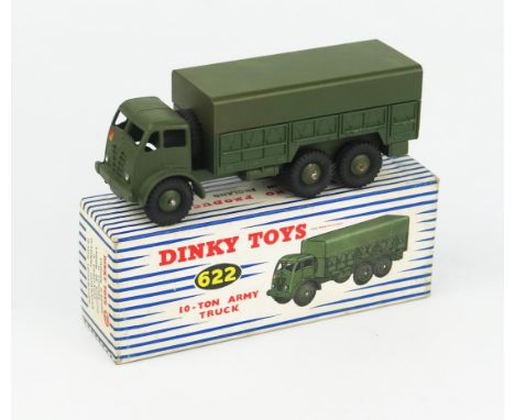 A Dinky Toys 622 10 Ton Army Truck (Foden) with no driver in blue/white striped box. Near mint+ in near mint box 