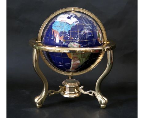 Modern Specimen Stone Globe with brassed surround and compass to the base, 32cm dia. stand 