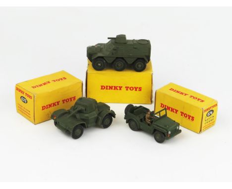 Three  Dinky Toys Army Vehicles all in early non-picture boxes - 670 Armoured Car, 674 Austin Champ and 676 Armoured Personne