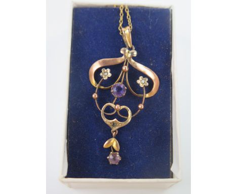 9ct Gold and Amethyst Pendant (46.5mm drop) and on a 16" 9ct gold chain with barrel clasp, 2.7g 