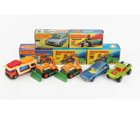 Matchbox Superfast Group - (1) 11c Car Transporter - orange, blue windows, (2,3) 12c Big Bull shade variations with different