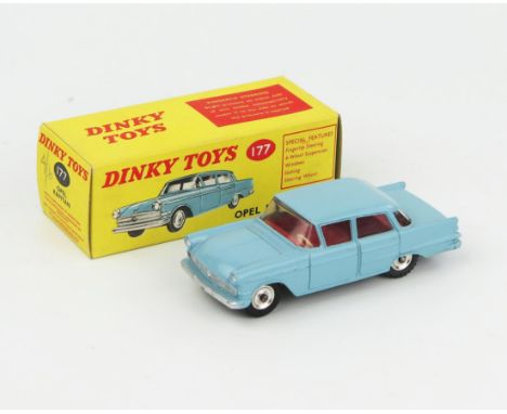 A Dinky Toys 177 Opel Kapitan in light blue with red interior and spun hubs. Near mint in near mint+ box 