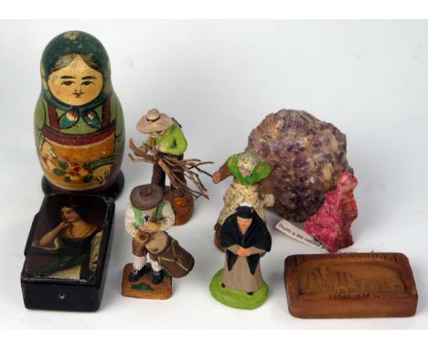 Vintage DEVOUASSOUX Clay Handpainted Figurines, 19th century papier mache hand painted snuff box, etc. 