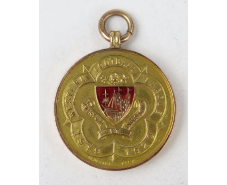 Western Football League 9ct Gold and Enamel Medallion 1919-1920, the back engraved DIV. I WINNERS DOUGLAS J. DRUCE, 26mm diam