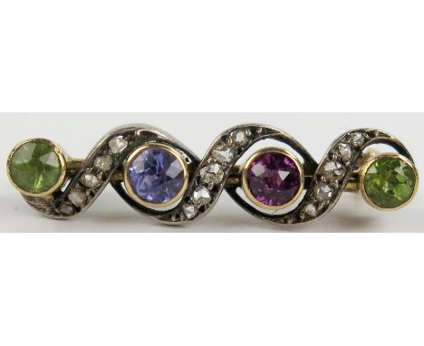 Victorian Ruby, Peridot, Amethyst and Diamond Bar Brooch in an unmarked high carat gold setting, 31mm long, stones c. 5mm, 4.