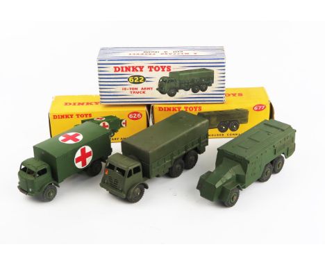 Three Dinky Toys Army Vehicles - 622 10 Ton Army Truck, 626 Military Ambulance and 677 Armoured Command Vehicle. Excellent bu