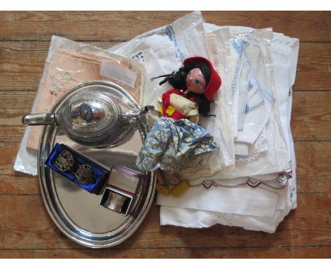 Heavy Planished Silver Napkin Ring, plated tray, teapot pair of napkin rings, embroidery, etc. 