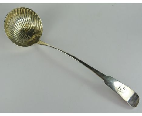 Georgian Irish Silver Soup Ladle with scalloped bowl, 35cm long, Dublin 1766?, JS?, 161g 