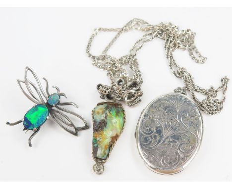 Silver and Opal Insect Brooch, locket, etc., 38.4g 