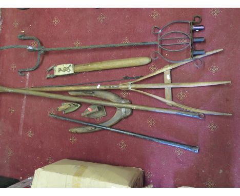 Old Wood Pitch Fork, flail, irons, dough trough, bucket, standard candle lamp, coffee ware, etc.