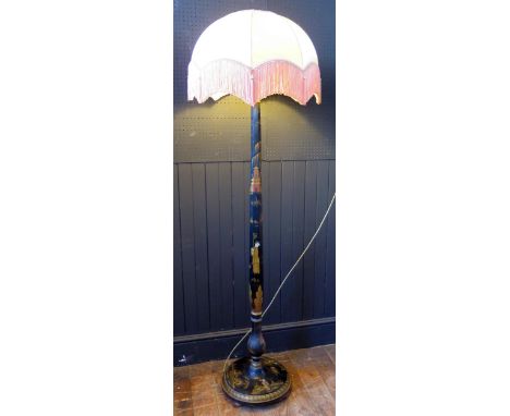 Black Japanned Chinoiserie Decorated Lamp Standard with silk shade, c. 180cm tall 