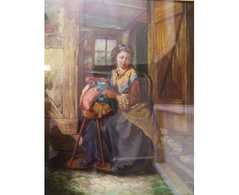 Kate Gray, Victorian British Artist,(active 1864 - 1931), Full Length Portrait of a seated Lace Maker in a Doorway, Dated 187