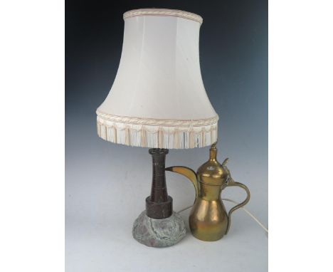 Cornish Serpentine 'Light House' Lamp Base, c. 30cm high without fittings and Arabic coffee pot 