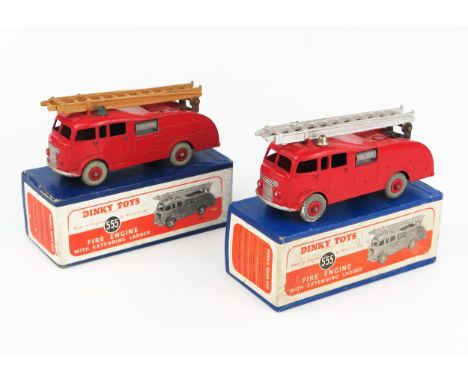 Two Dinky Toys 555 (Commer) Fire Engines with Extending Ladder variations in red with tan/silver ladders, no windows, red hub